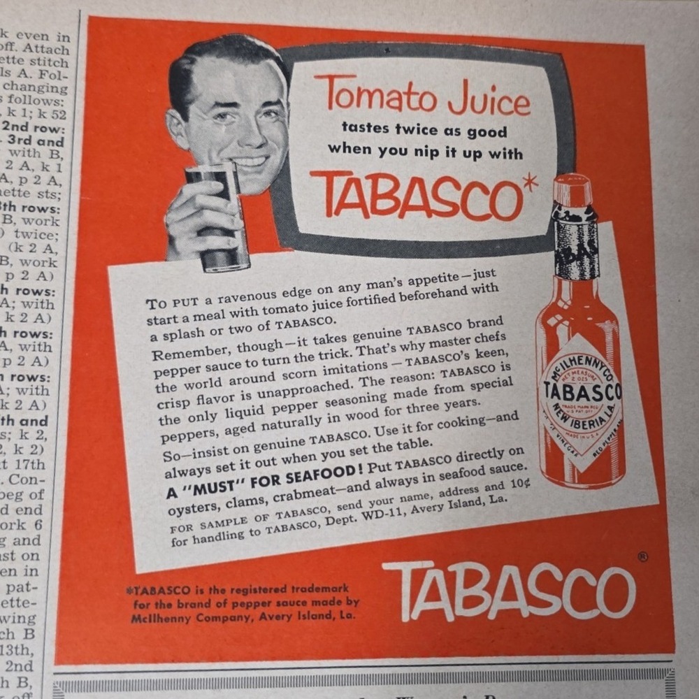 Vintage 1954 Tabasco Sauce Print Ad Tomato Juice Seafood McIlhenny Co Retro Art